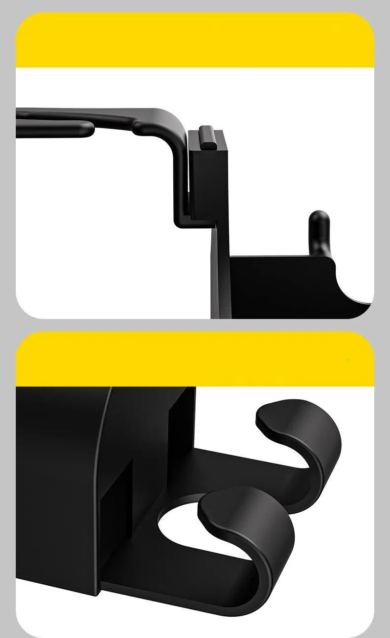 Black plastic car seat back organiser with cup holder and hook, mounted on a car headrest.