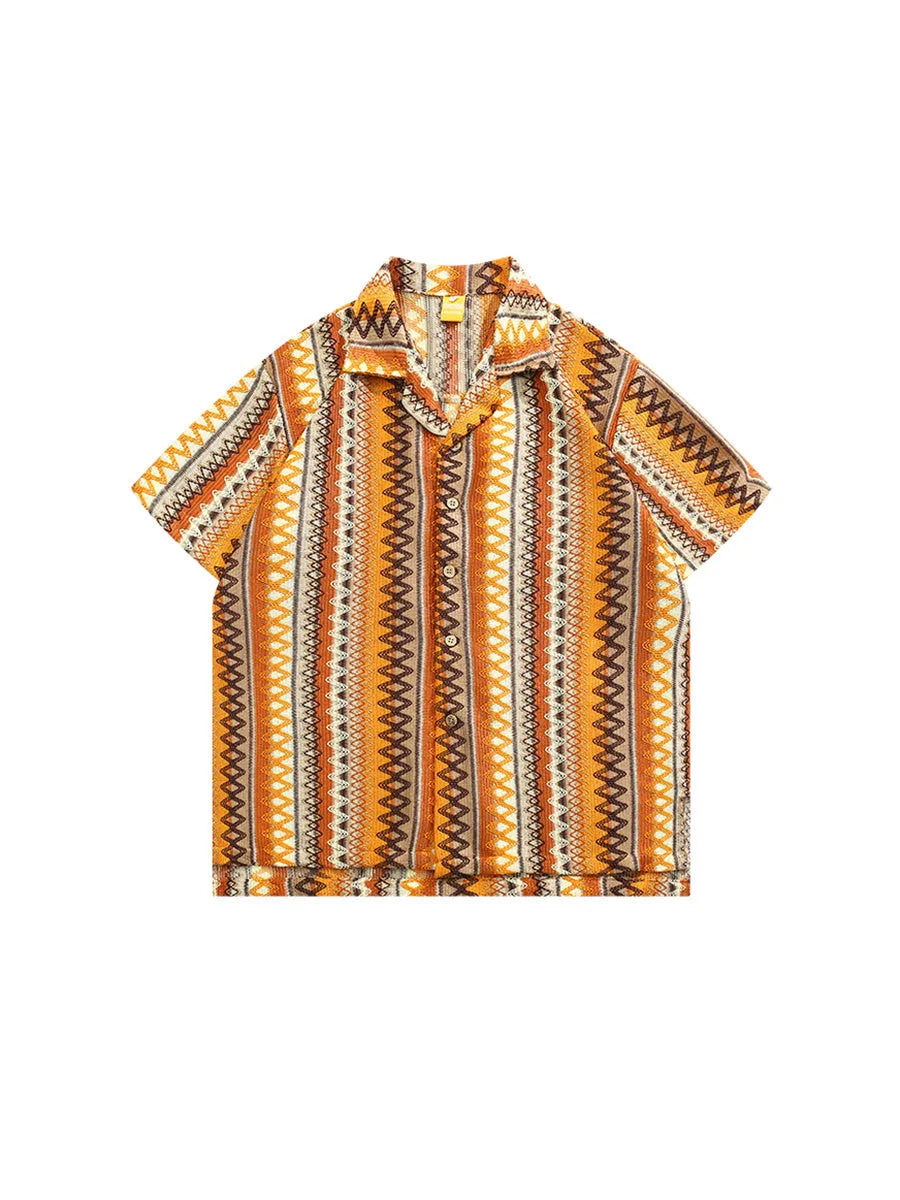 Ethnic style woven Cuban collar shirt with contrasting colours, loose fit, and short sleeves.