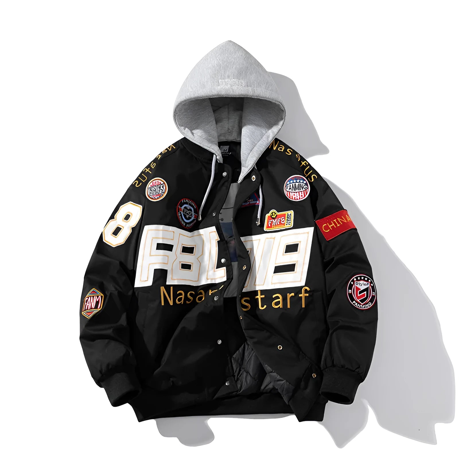 Black motorcycle-style baseball jacket with side pockets and a detachable hood on a hanger.