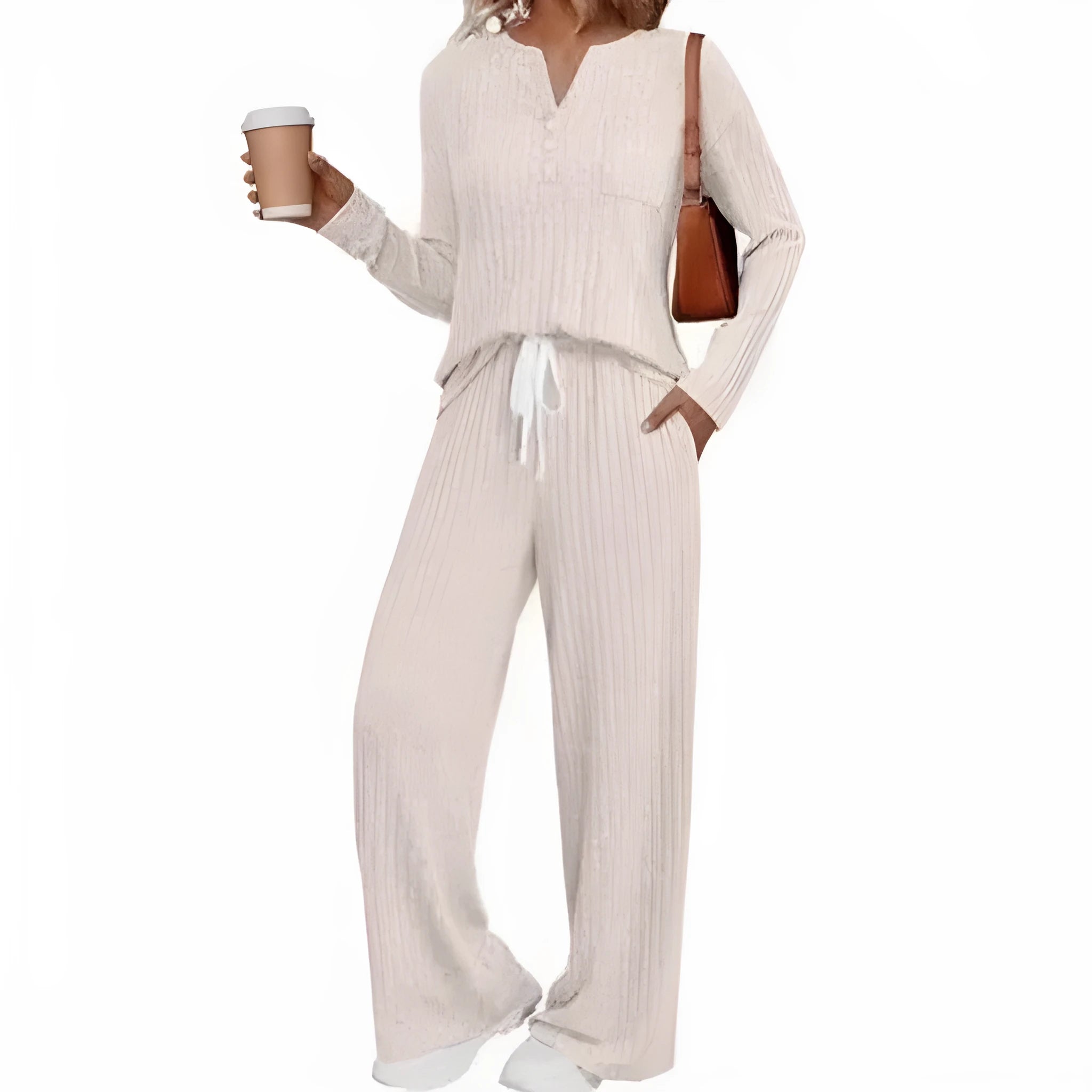 Women's striped knitted long coat with V-neck, long sleeves, lace-up detail, and side pockets.