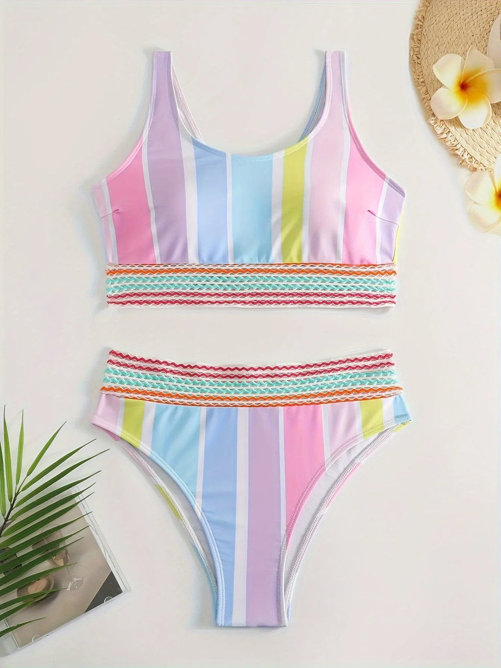 Women's striped bikini swimwear set with brief style and sports casual design