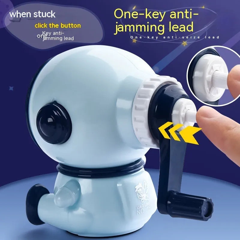 Children's cartoon astronaut themed manual pencil sharpener in blue or pink with adjustable sharpening levels