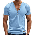 Men's loose thin v-neck pullover top with button detail in light blue colour