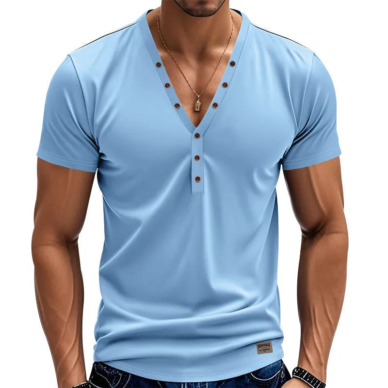Men's loose thin v-neck pullover top with button detail in light blue colour