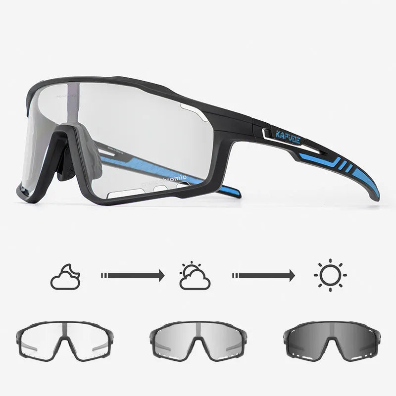 Photochromic cycling sunglasses with a semi-rimless TR90 frame in one of fourteen colour options.