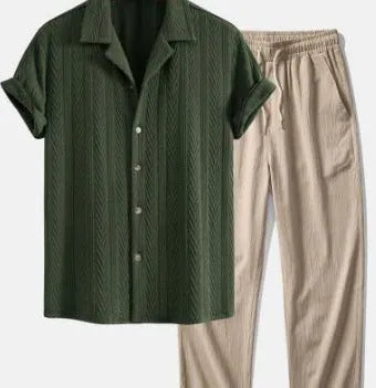 Camouflage printed short-sleeve shirt and trousers casual suit set on a hanger.