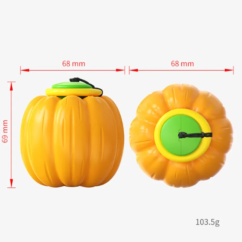 Orange pumpkin-shaped plastic dog chew ball with a squeaker for small dogs and teething puppies.