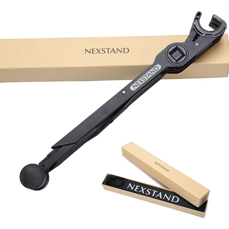 Black folding portable laptop stand with adjustable height, shown folded to 35.4cm size.