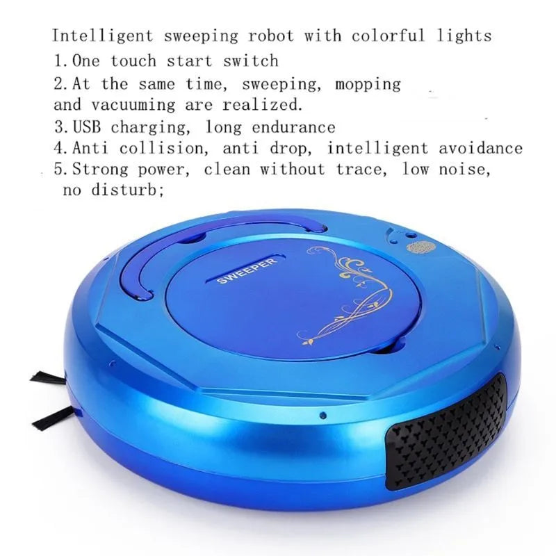 Blue smart robot vacuum cleaner on a wooden floor, showing its dust box and cleaning brush.