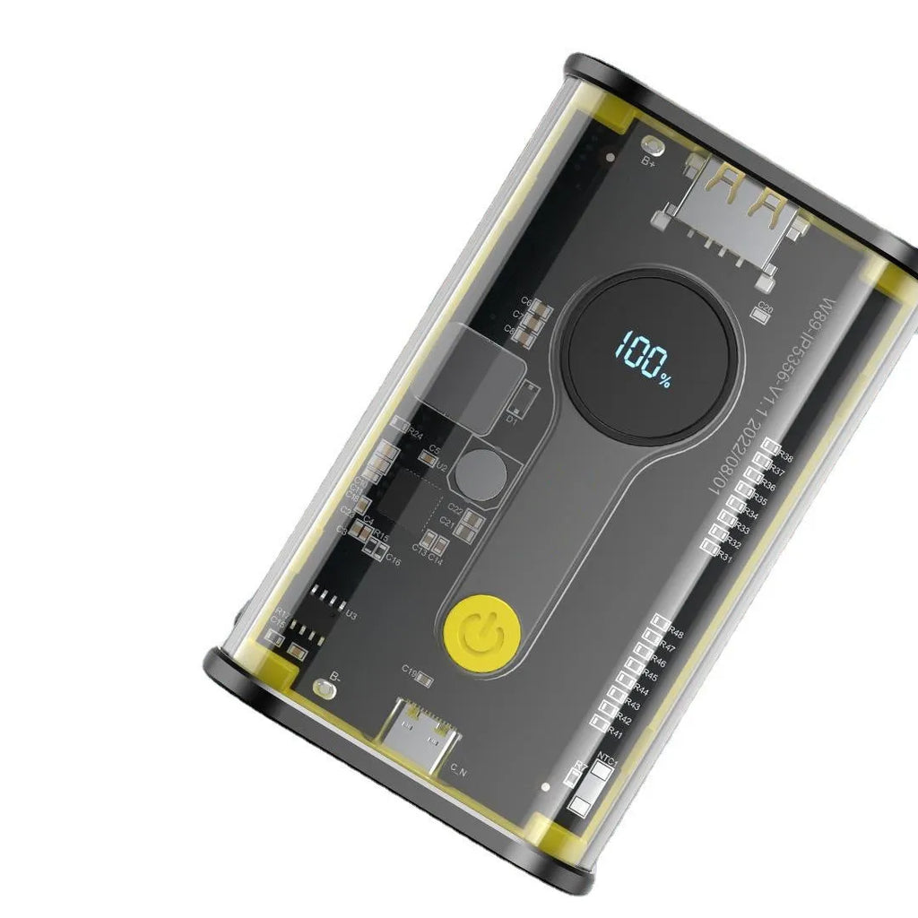 Transparent industrial power bank showing internal components with aluminium case and 10000mAh capacity