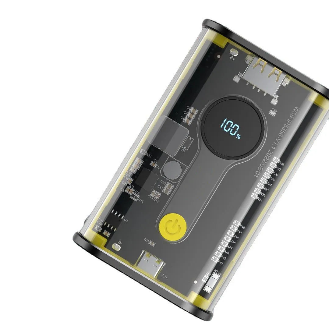 Transparent industrial power bank showing internal components with aluminium case and 10000mAh capacity