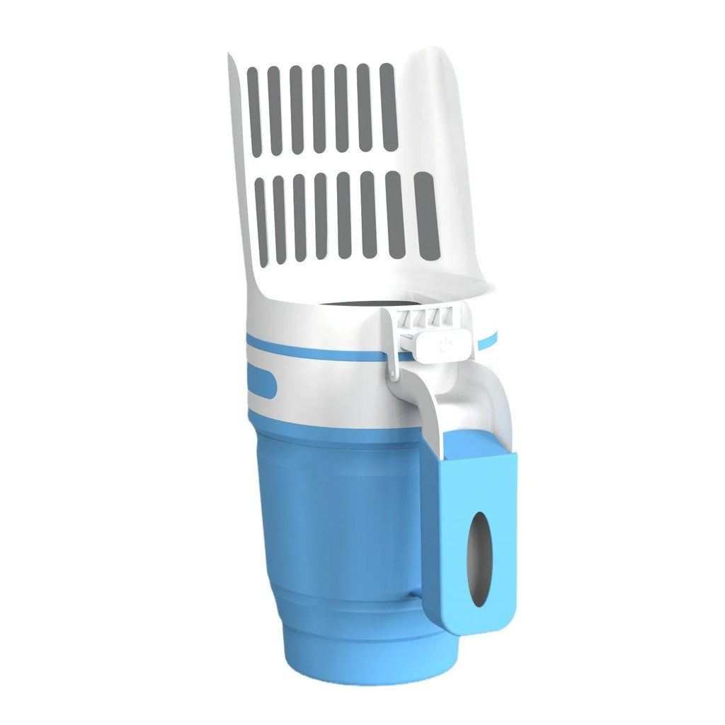 Foldable cat litter scoop with attached waste bin and lid in grey blue or green PP plastic