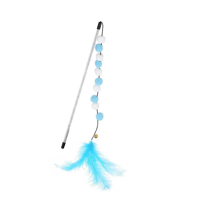 Grey, yellow, and blue cat teaser toy rod with feather, pompon, and bell measuring 31cm.