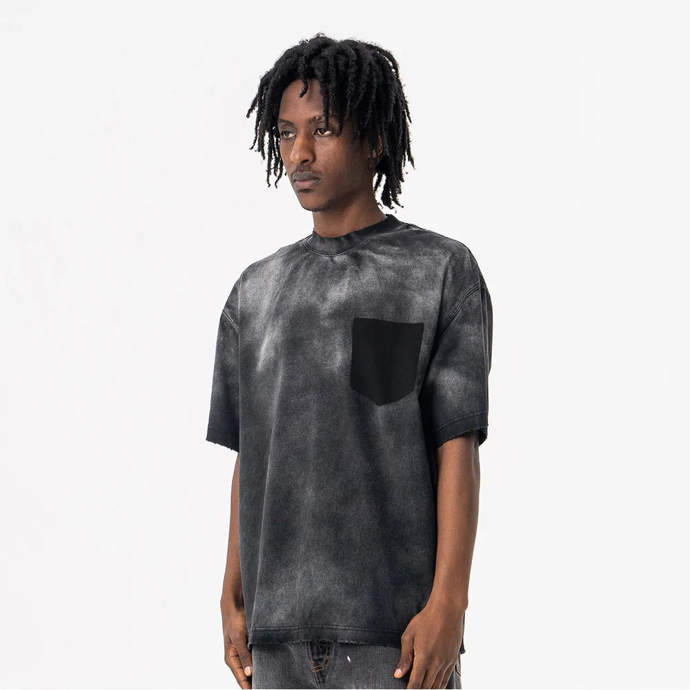 Black men's loose fit cotton T-shirt with printed letter pattern and drop-shoulder short sleeves.