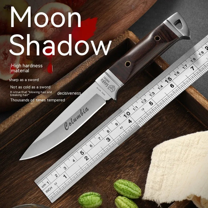 Stainless steel camping fruit knife with leather case in national style design