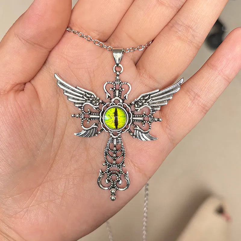 Alloy devil wings cross pendant necklace showing geometric design in available colour options