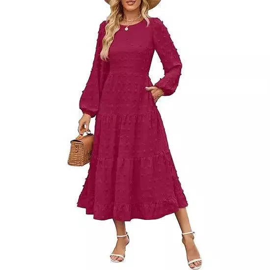 Women's autumn long sleeve dress with high waist and ruffled sleeves in solid colour
