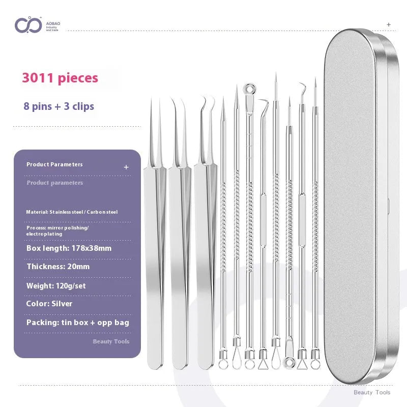 4-piece metal acne needle set with ultra fine pointed tips on silver background