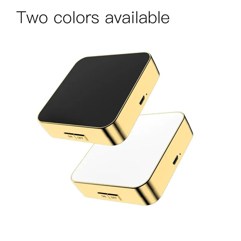Makeup mirror with dual-sided design showing 4x magnification mirror and adjustable LED lighting system in black colour option