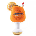 Yellow beer bottle squeaky dog toy with plush construction measuring 7x2.5x5cm