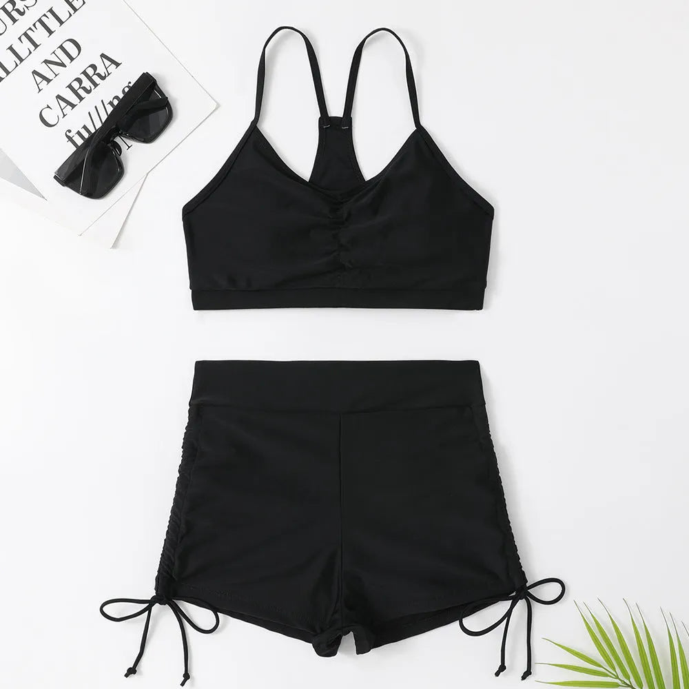 Women's high waist split swimsuit bikini set in black or violet colour with briefs styling