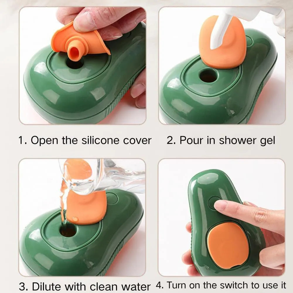 Green and white rechargeable cat steam brush with soft silicone teeth on a wooden table