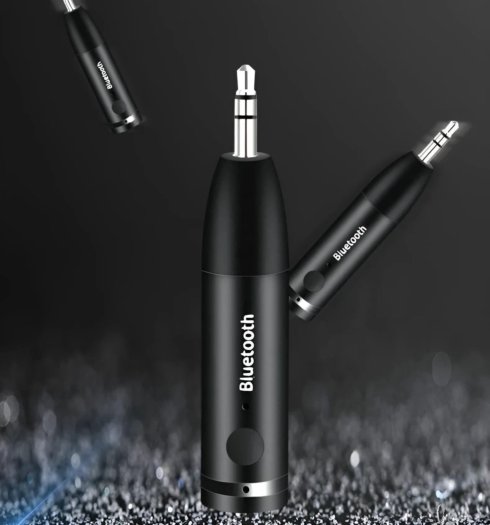 Black Bluetooth audio receiver with 3.5mm jack and USB charging port for car stereo connection