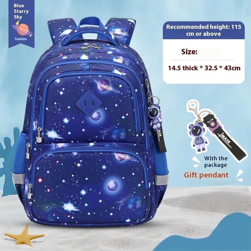 Blue children's waterproof school backpack with dinosaur print and curved shoulder straps