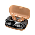 M35 wood grain Bluetooth wireless earphones with charging case on display