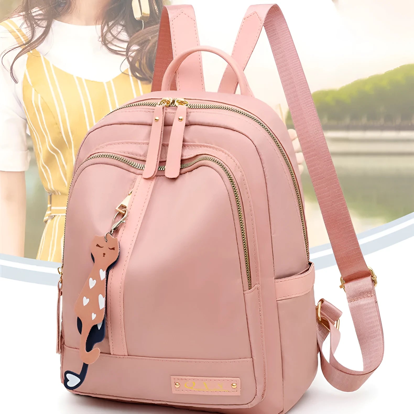 Black women's casual nylon backpack showing square vertical shape with shoulder straps and external pockets