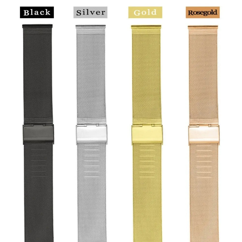 Milani woven stainless steel watch band showing textured metal construction in silver, black, gold, or rose gold.