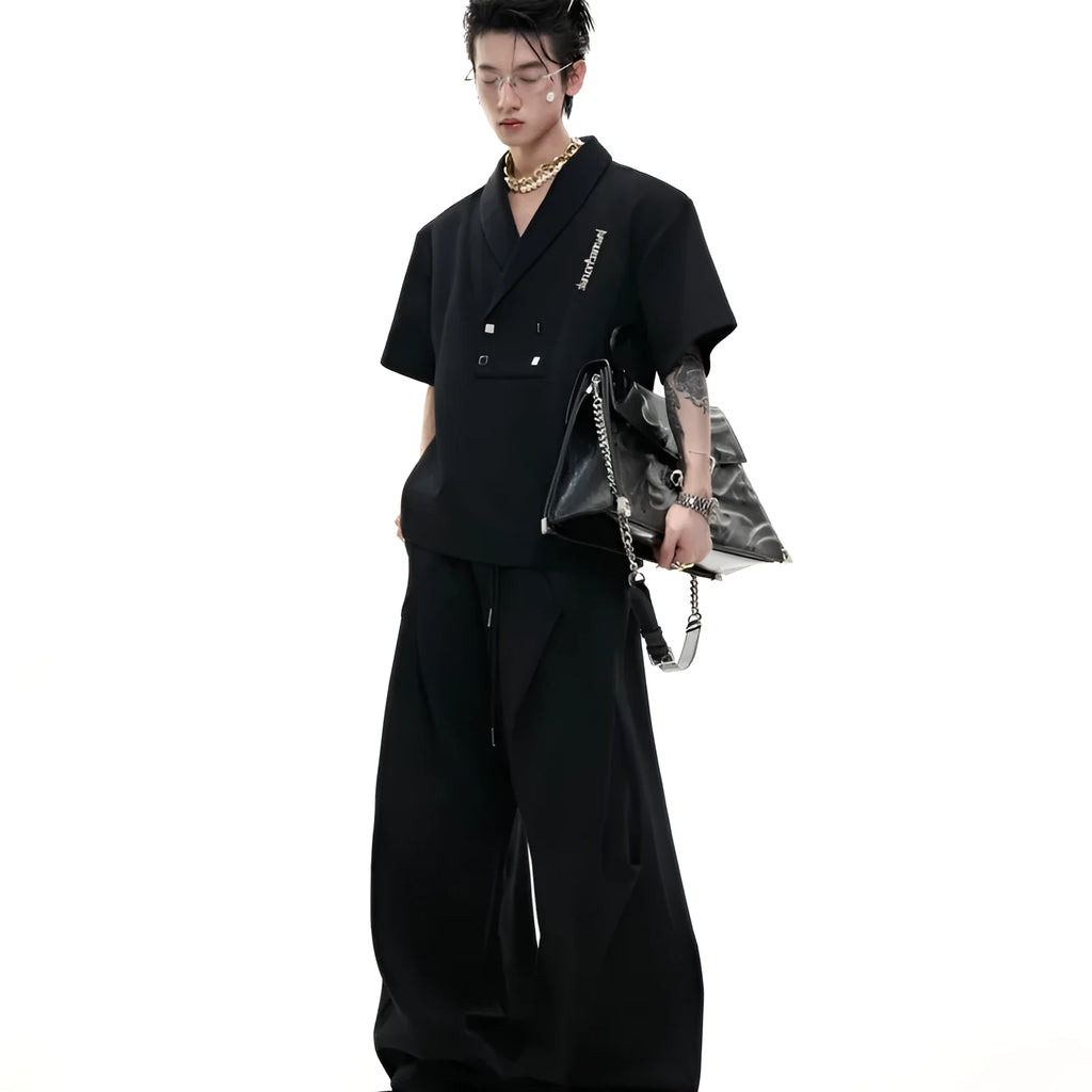 Men's two-piece metal embellished cotton sports suit with padded shoulders and matching shorts