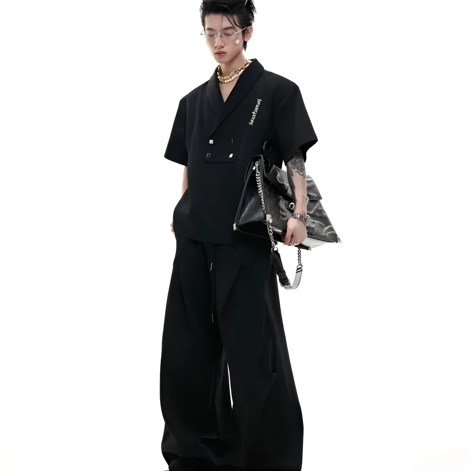 Men's two-piece metal embellished cotton sports suit with padded shoulders and matching shorts