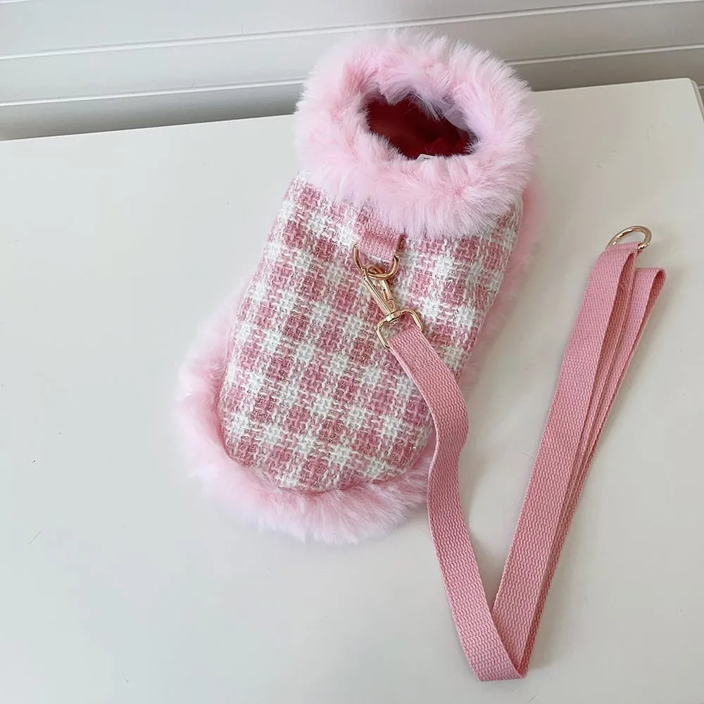 Pink polyester cat costume with beret, cloak featuring hand-holding rope design, and a drawstring for traction.