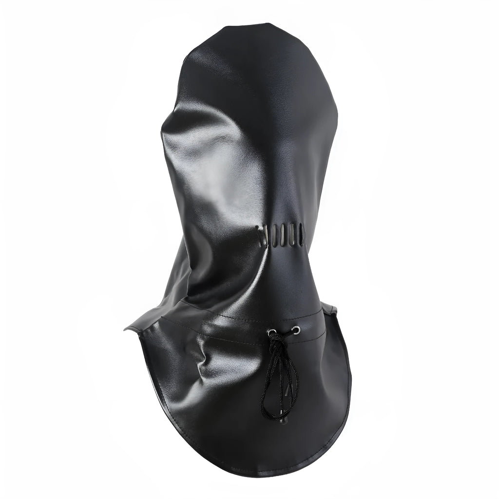 Black leather headgear mask with adjustable straps for adult training and roleplay