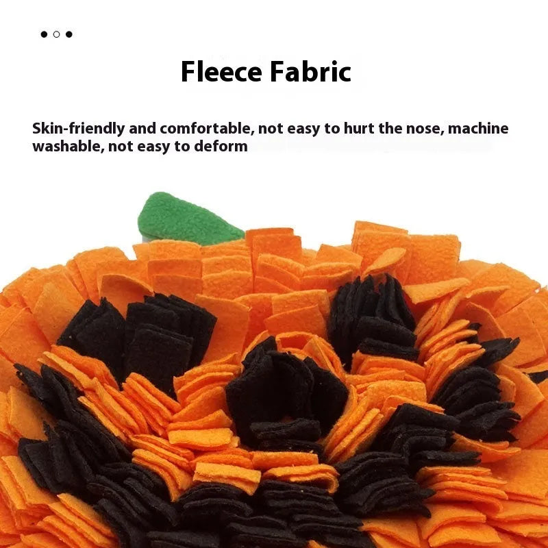 Orange pumpkin-shaped pet smell mat made from polar fleece cloth for dog and cat slow feeding.