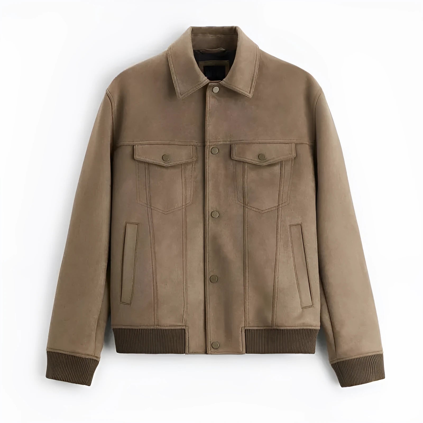 British style commuter jacket in suede velvet material with spandex fabric, shown in light gray and mink colour options