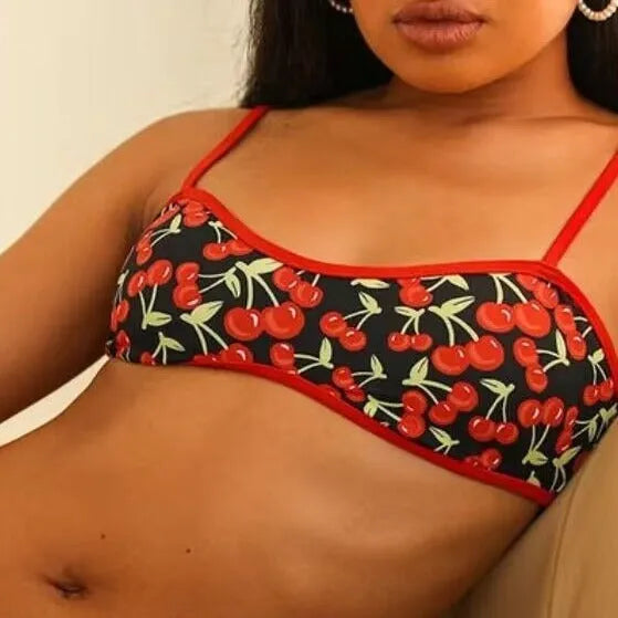 Women's cherry print tube top bikini swimsuit set with briefs bottoms