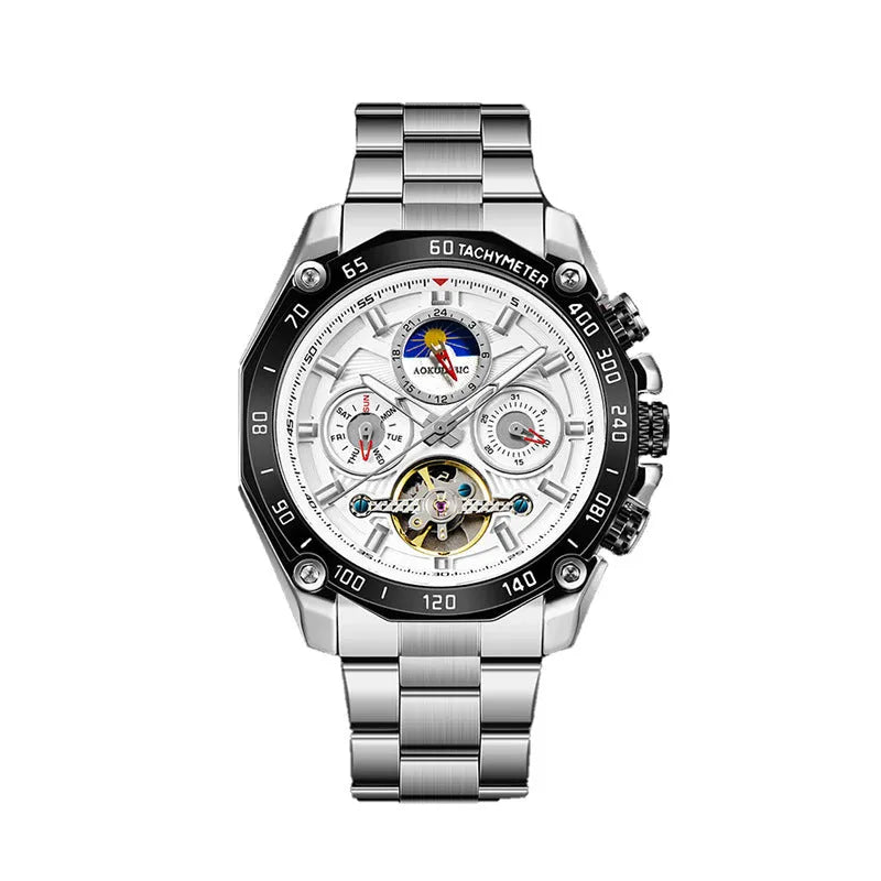Men's automatic mechanical watch showing 12mm thickness and various colour options including silver case and black dial