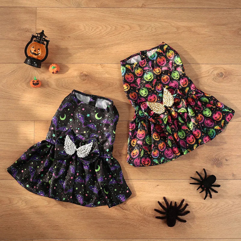 Angel wings Halloween dog costume in bright pumpkin colour on small dog