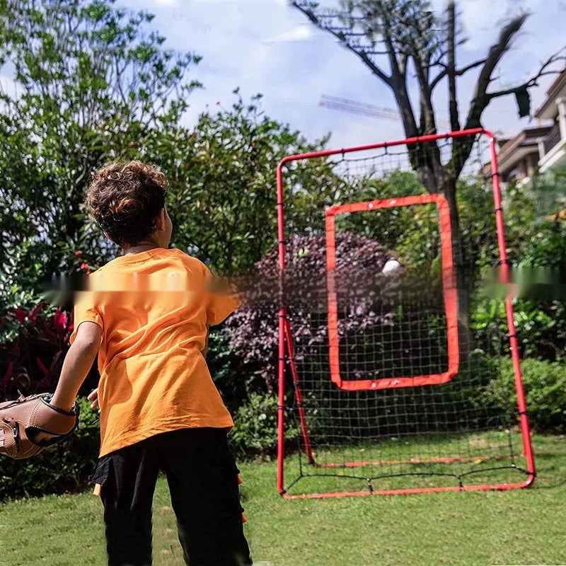 Red 4x6ft adjustable baseball training net with metal frame and carry bag