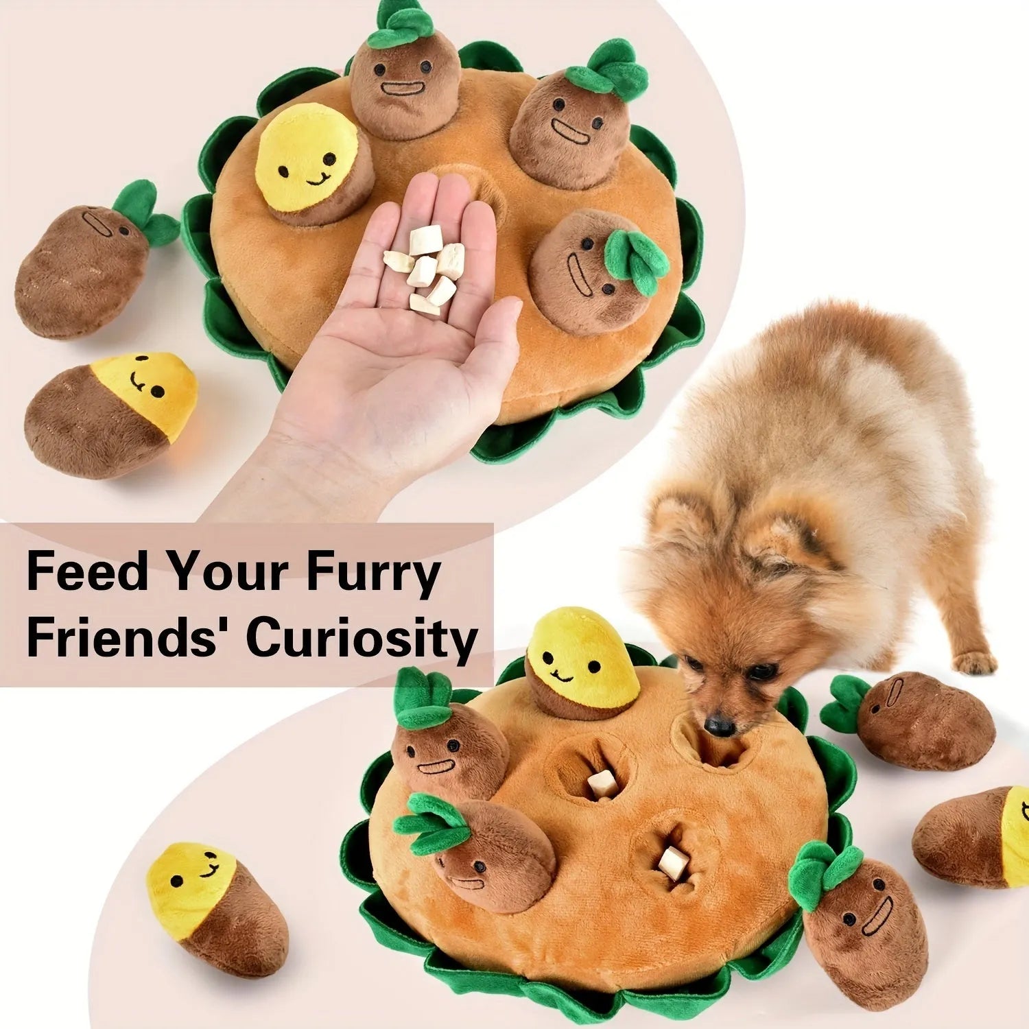Yellow interactive dog puzzle toys and sniffing pads with removable squeaky plush toys on feeding mat