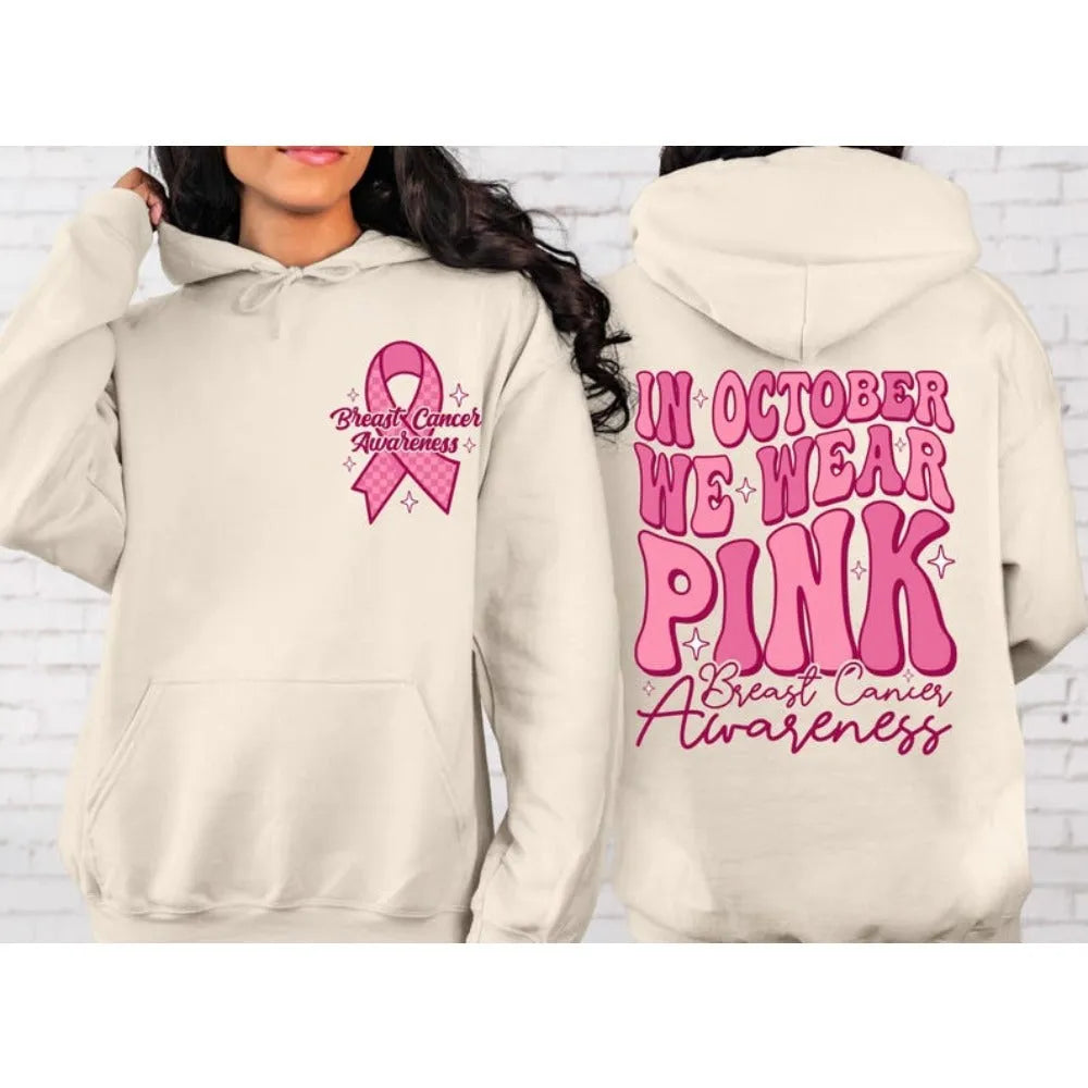 Pink Breast Cancer Awareness pullover hoodie with art retro design and side seam pocket.