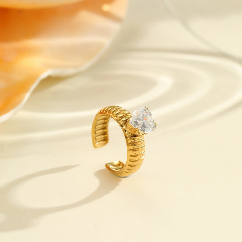 Gold inlaid zircon stainless steel open mouth ring with geometry design featuring heart and drop shapes