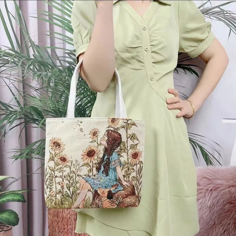 Double-sided gold wire embroidered canvas tote bag showing front and back design, available in multiple sizes and colours.