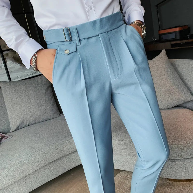 Men's straight-leg casual trousers in a solid colour on a hanger.