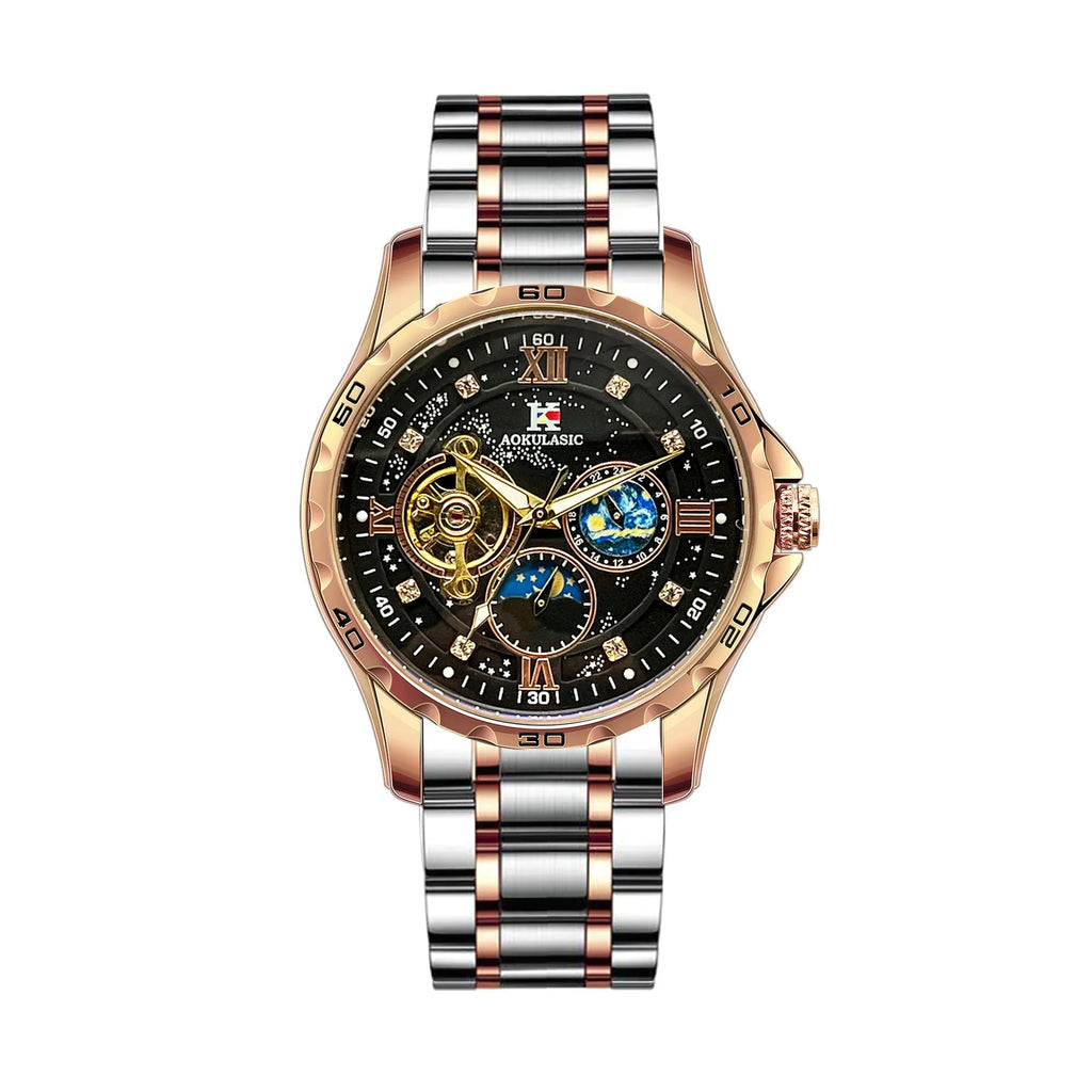 Rose gold automatic mechanical men's watch with black dial and stainless steel bracelet