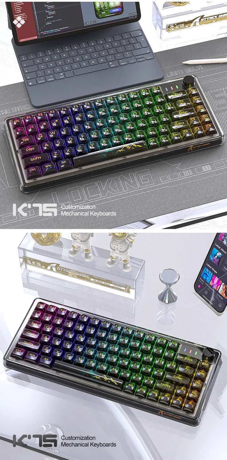 Attack Shark K75RGB wireless mechanical keyboard with transparent black case showing RGB backlighting