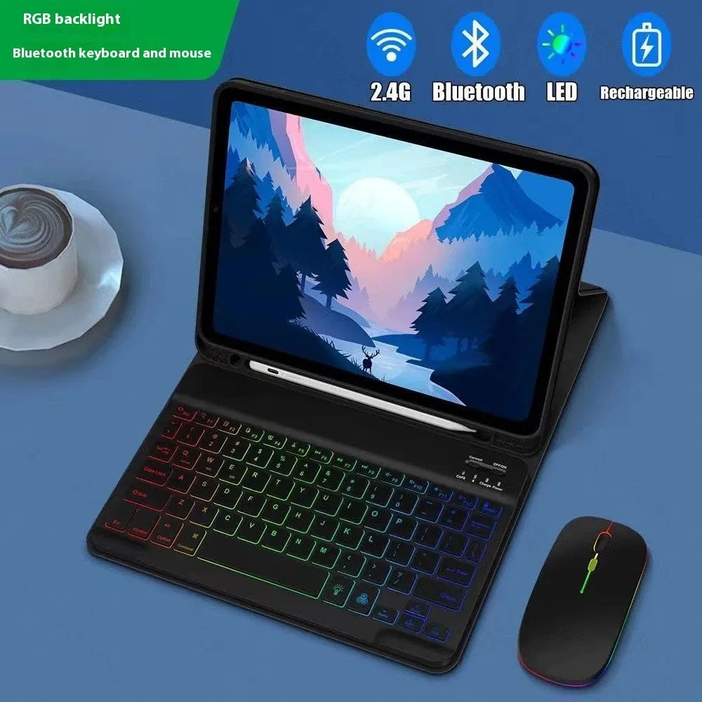 iPad leather protective case with integrated luminous RGB backlit Bluetooth keyboard and stand in multiple colour options.