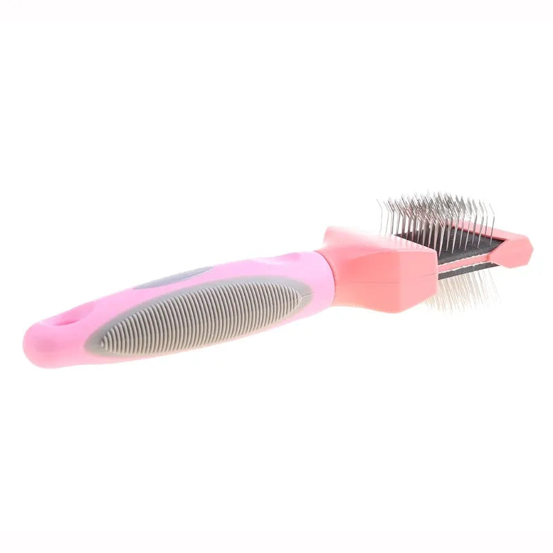 Blue double-sided pet brush showing stainless steel pins on one side and firm bristles on the other.